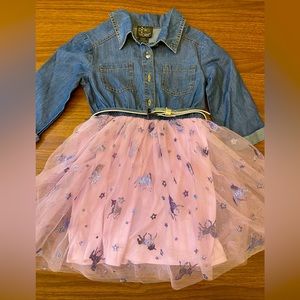 Denim and unicorn tulle dress with belt, Size 4